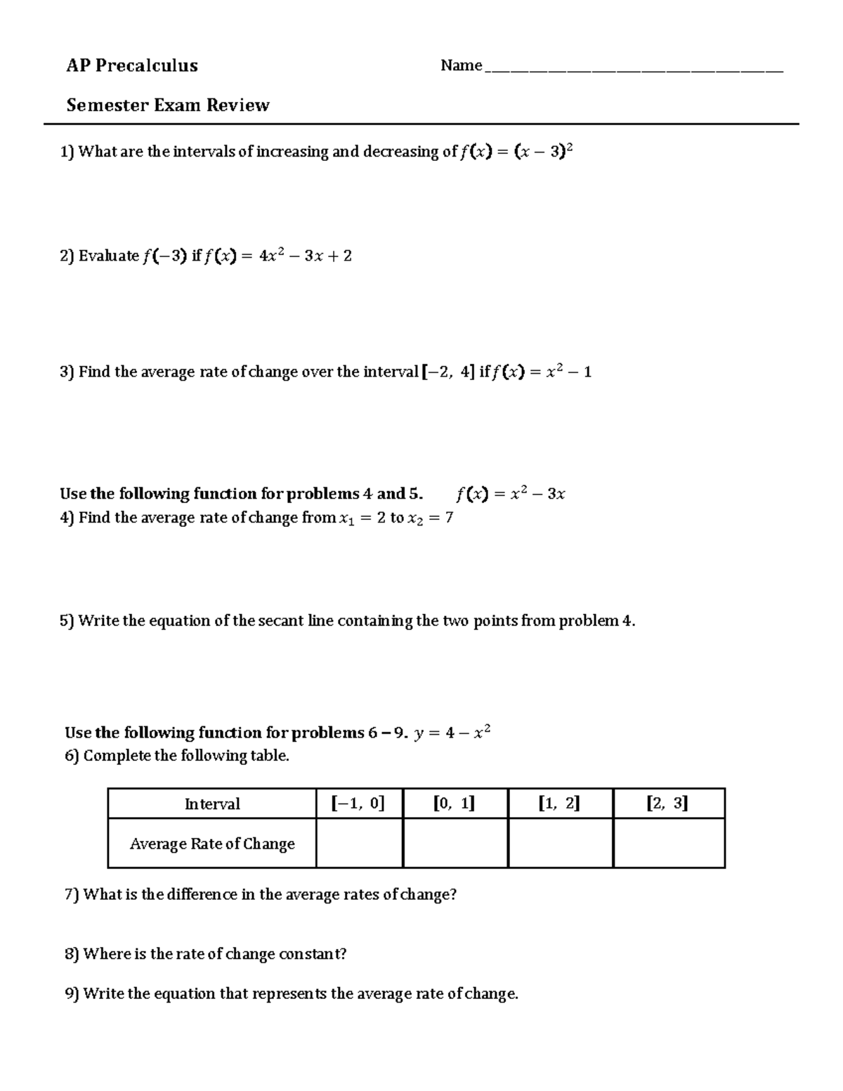 AP Precalculus APPC Semester Exam Review Guide - Studocu