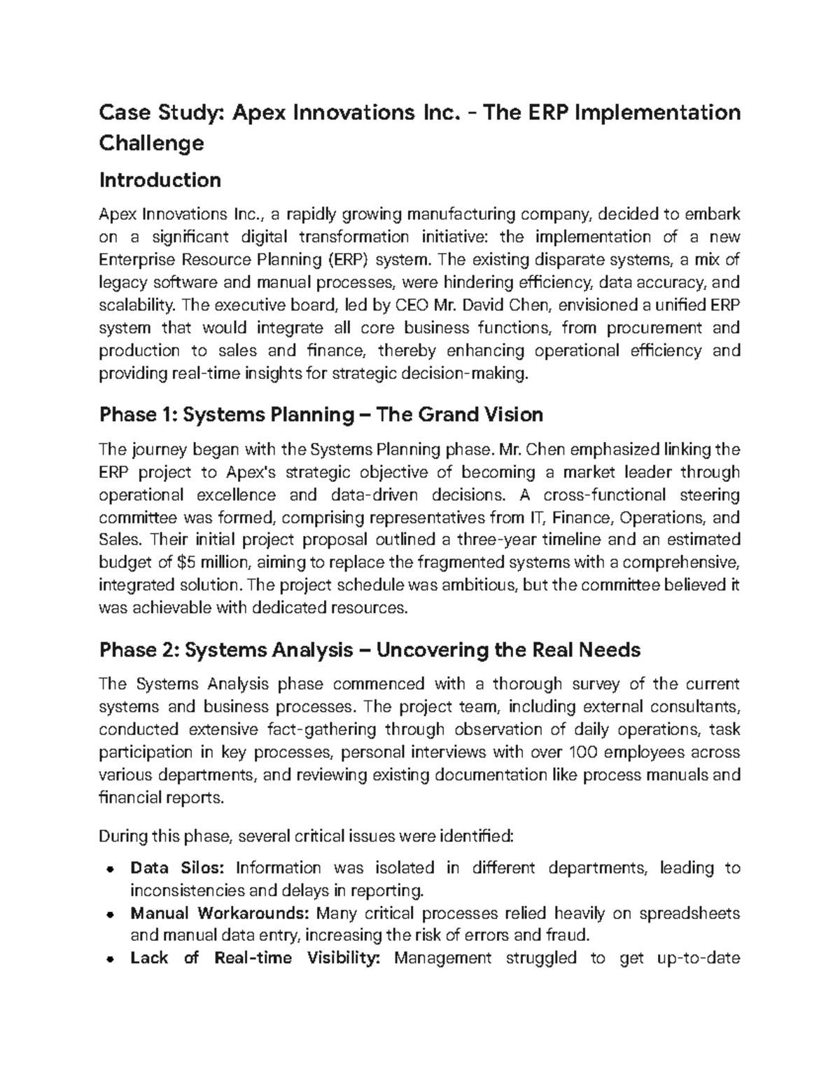 Case Study: ERP Implementation at Apex Innovations Inc. (Tutorial 2 ...