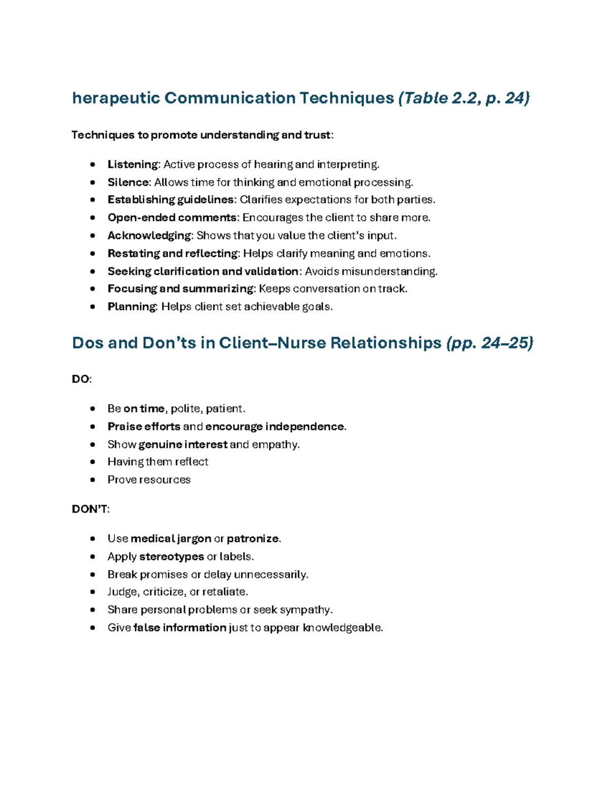 Therapeutic Communication Techniques (Module 2) - Key Strategies - Studocu