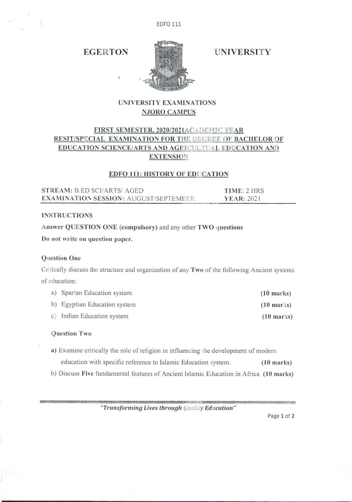 EDFO 111: History of Education Exam - August 2021 - Studocu