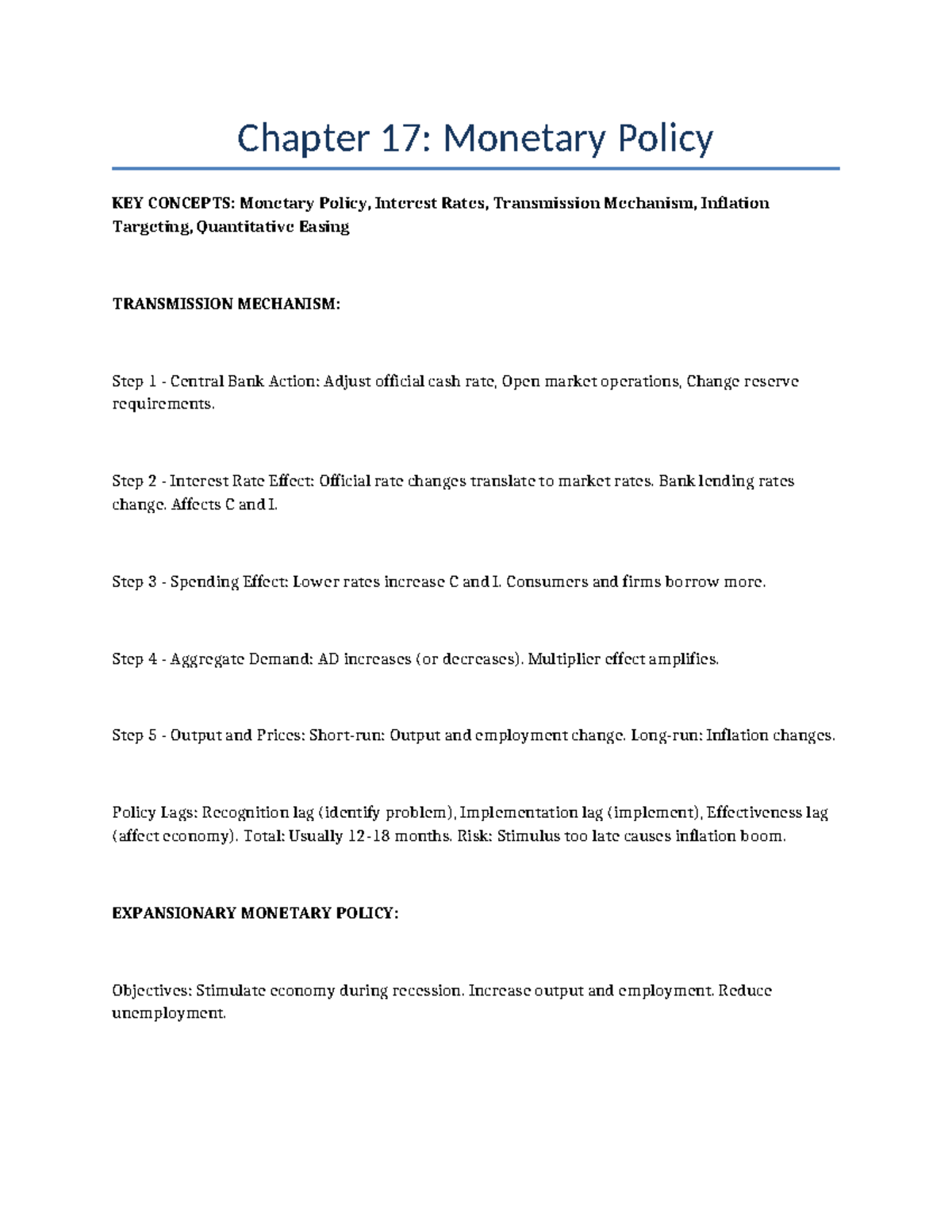 Chapter 17: Monetary Policy Overview and Key Concepts - Studocu