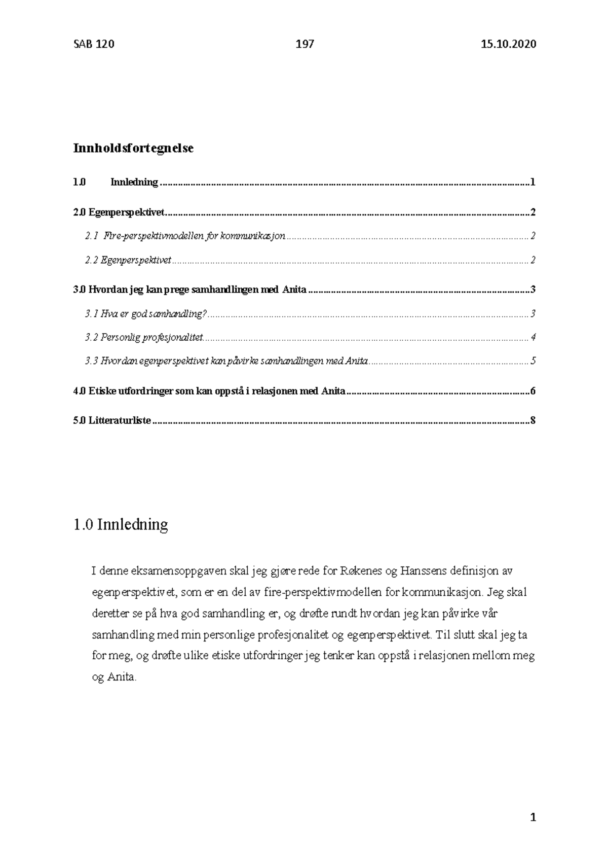 Eksamen i SAB: Egenperspektiv og Samhandling i Kommunikasjon - Studocu
