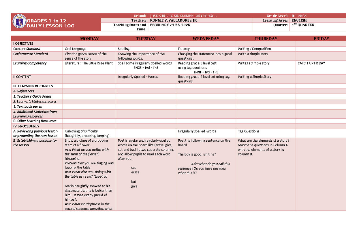 DLL English 3 Q4 W4 - Daily Lesson Log and Activities - Studocu