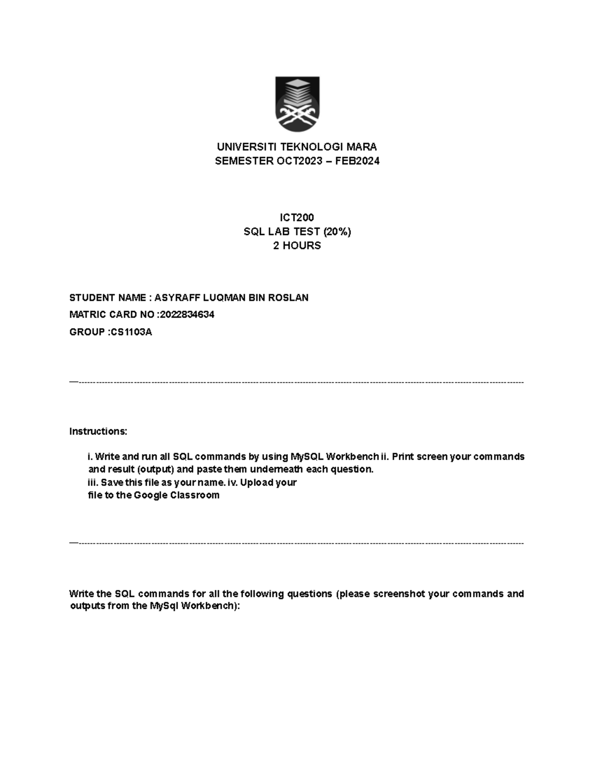 SQL Lab Test (CS1103A) - ICT Oct 2023 Semester Tasks and Instructions ...