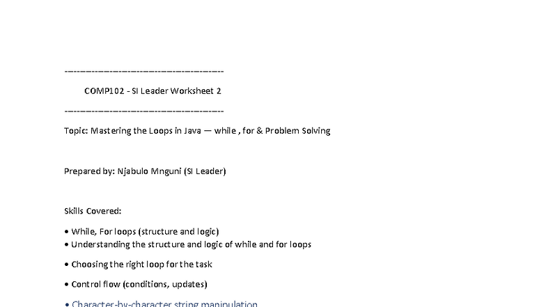 SI Worksheet 2: Mastering Loops in Java (COMP102) - Studocu