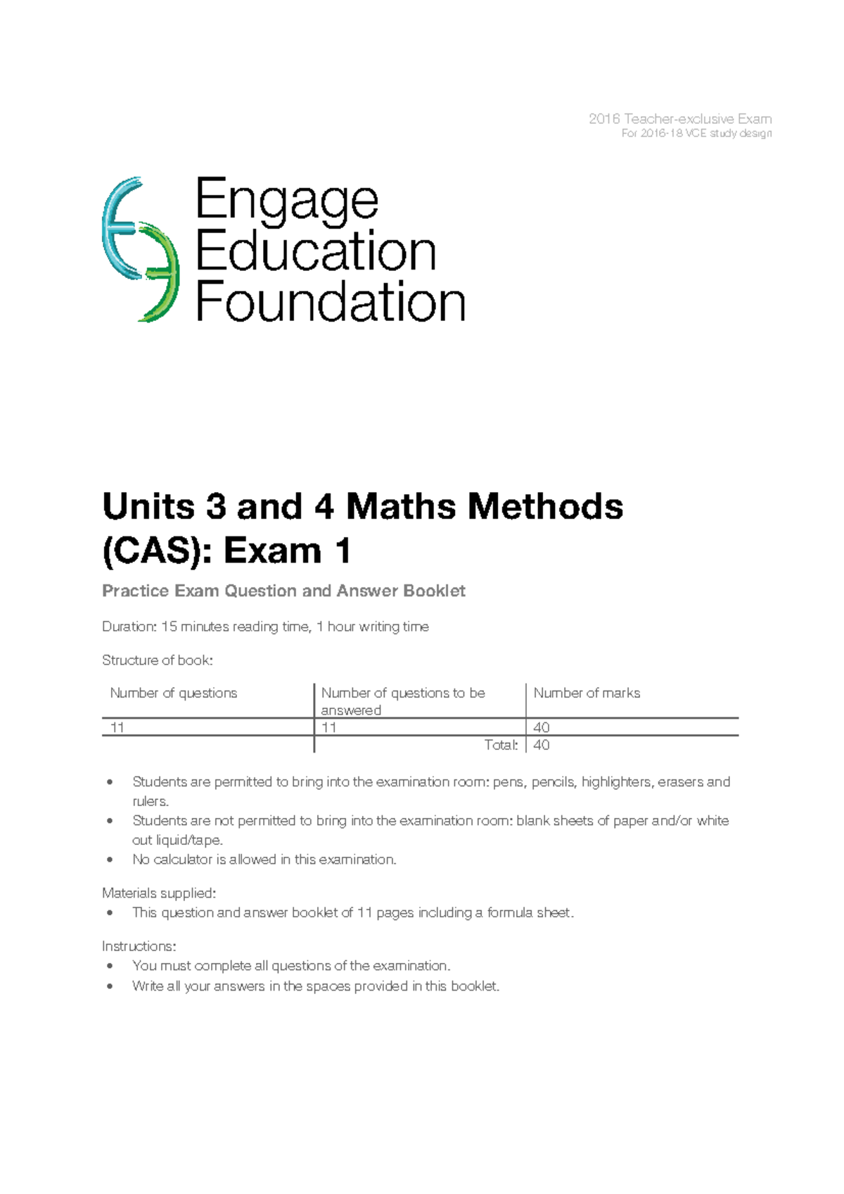 [VCE Methods] 2016 Engage Unit 34 Exam 1A - Units 3 and 4 Maths Methods ...