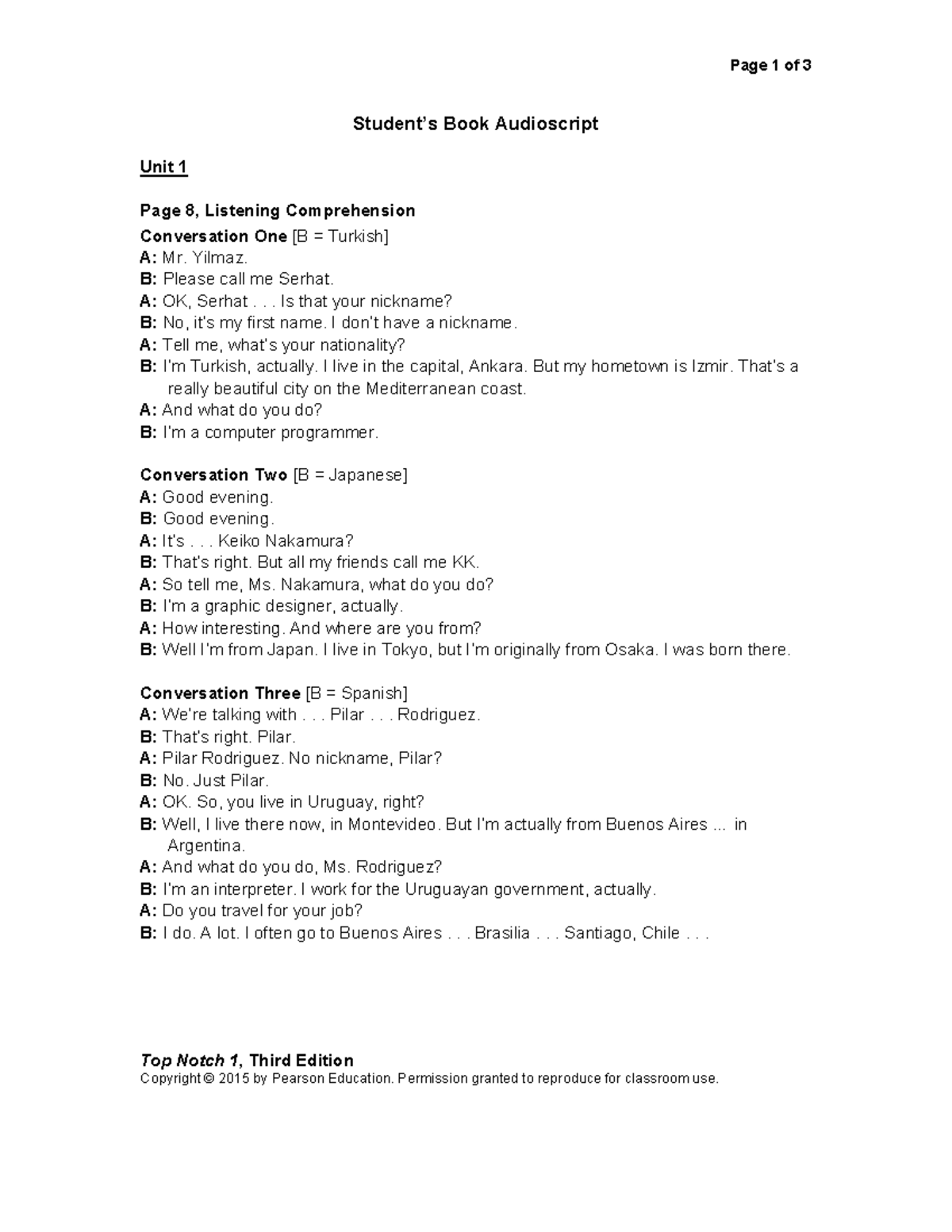 Top Notch 1 Third Edition - Student Resources and Exercises - Studocu