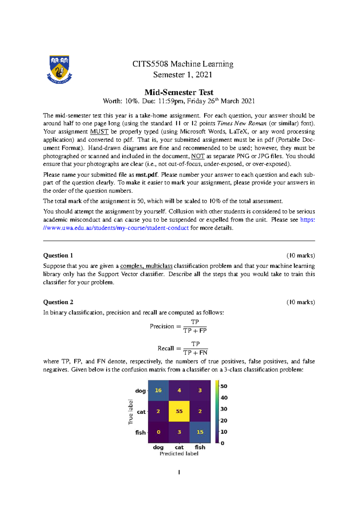 CITS5508 Machine Learning Mid Sem Test 2021 - Sample Paper Guide - Studocu