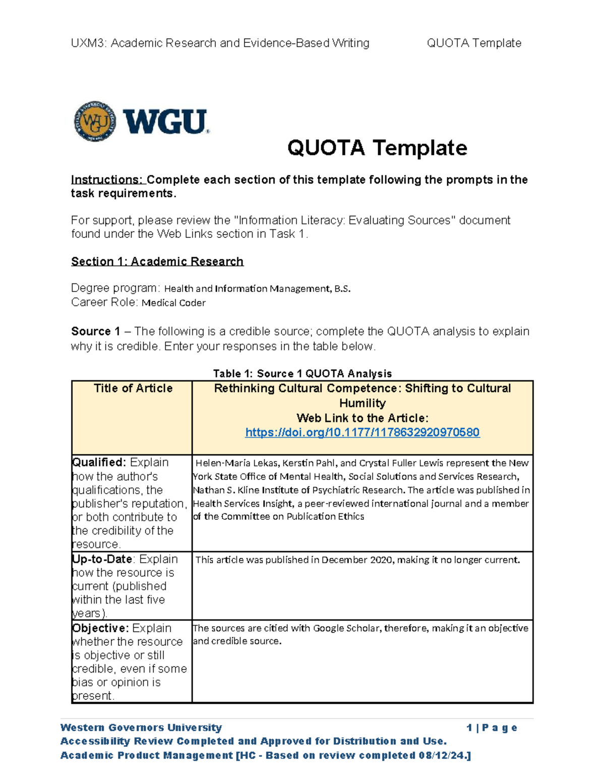 UXM3: QUOTA Template for Academic Research in Health Management - Studocu