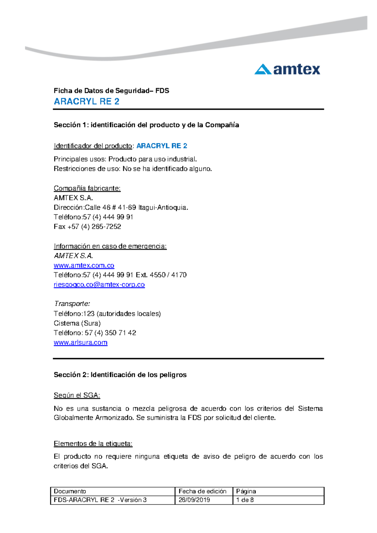 FDS ARACRYL RE 2: Hoja de Datos de Seguridad y Uso - Document Preview