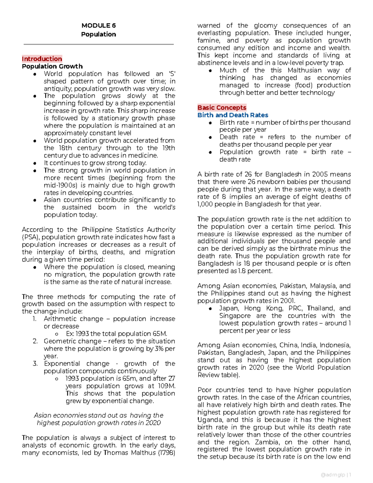 [108] 6. Population Growth & Economic Development - Notes - Studocu