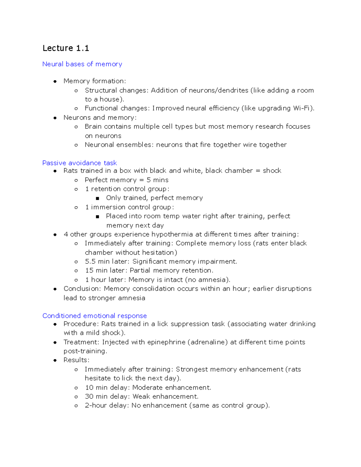 PSYC3241 - Midterm Notes on Neural Bases of Memory and Emotion - Studocu