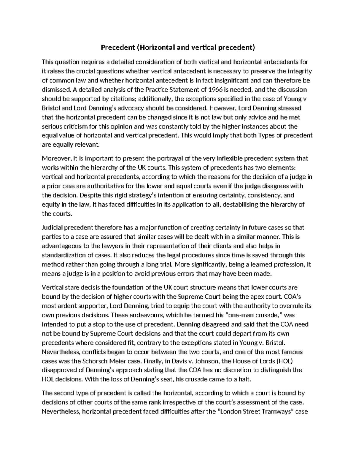 Analysis of Vertical and Horizontal Precedent in Law - Studocu