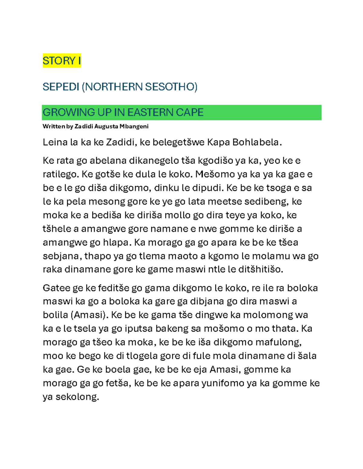 Sepedi (Northern Sesotho) Essay Notes: Growing Up in Eastern Cape - Studocu