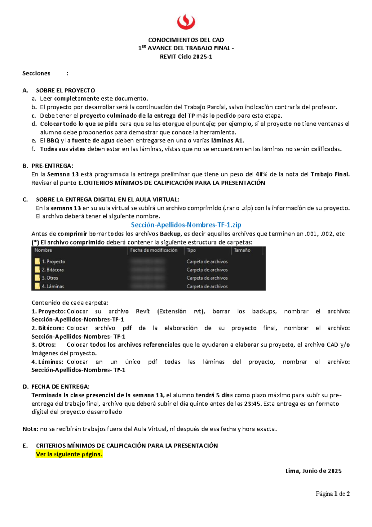 AR342 Trabajo Final Revit: Guía de Entrega y Criterios 2025-1 - Studocu