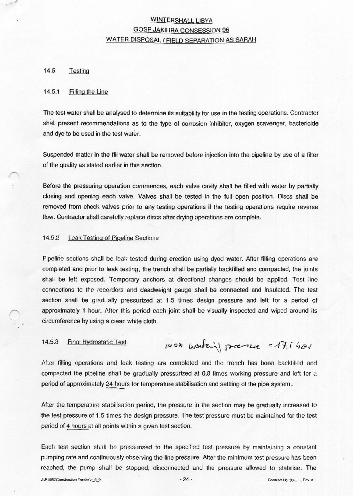 Pressure Test Specification (SDW-1): Hydrostatic Testing Procedures ...