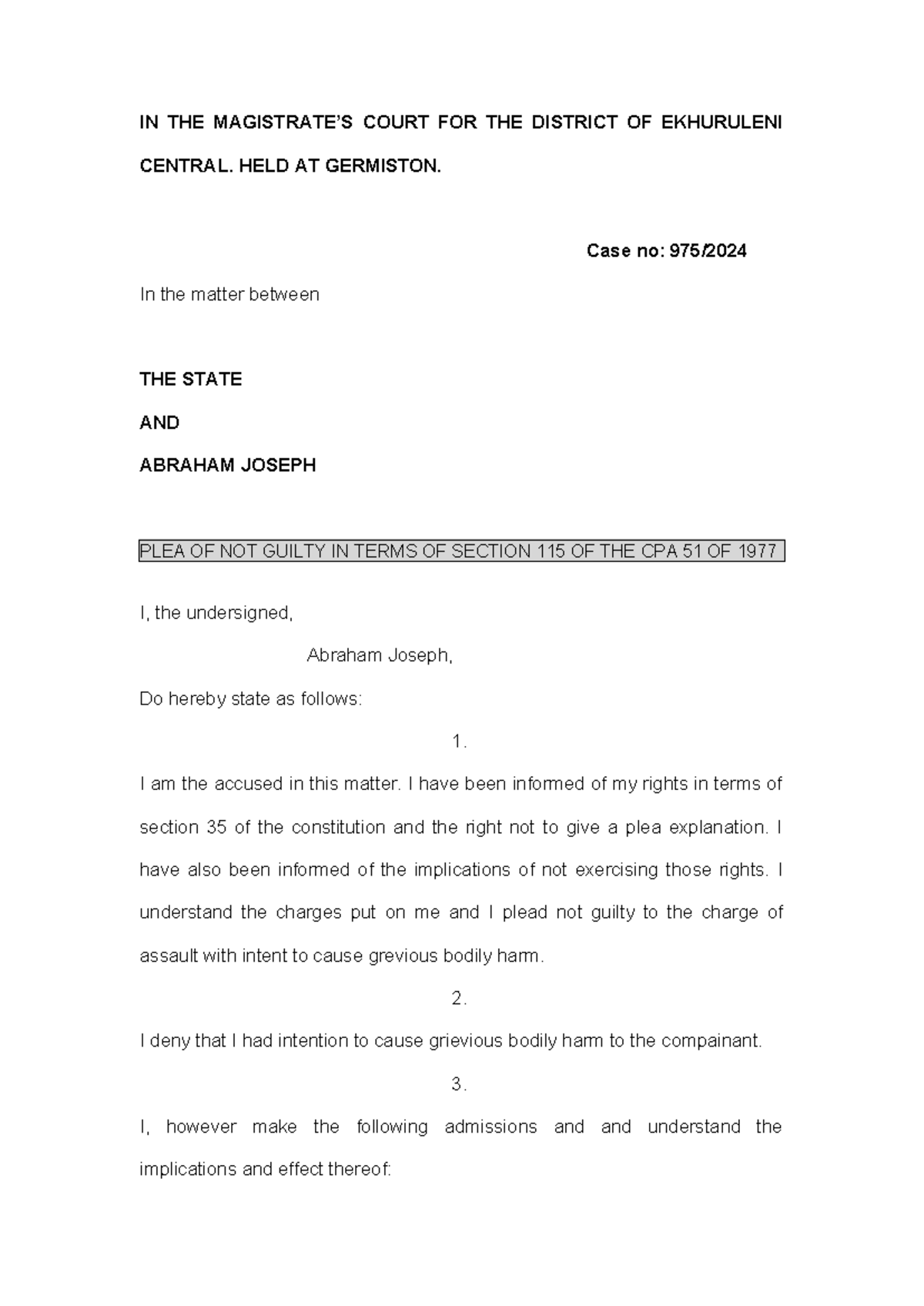 Section 115 Not Guilty Plea - Case No. 975 in Ekurhuleni Court - Studocu