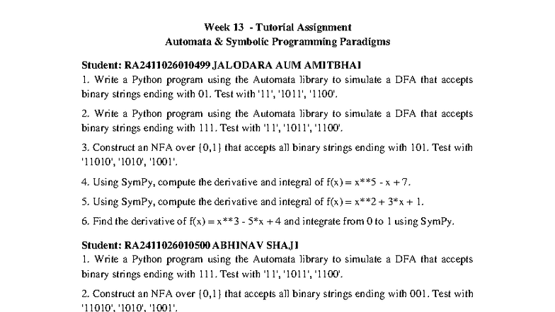 Week 13 Automata and Symbolic Programming Assignment RA2411026010 - Studocu