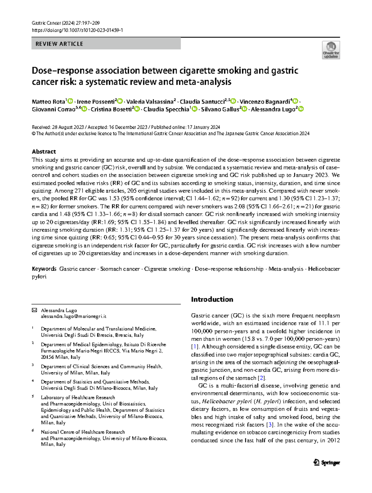 Gastric Cancer (2024) Review: Cigarette Smoking and GC Risk Analysis ...