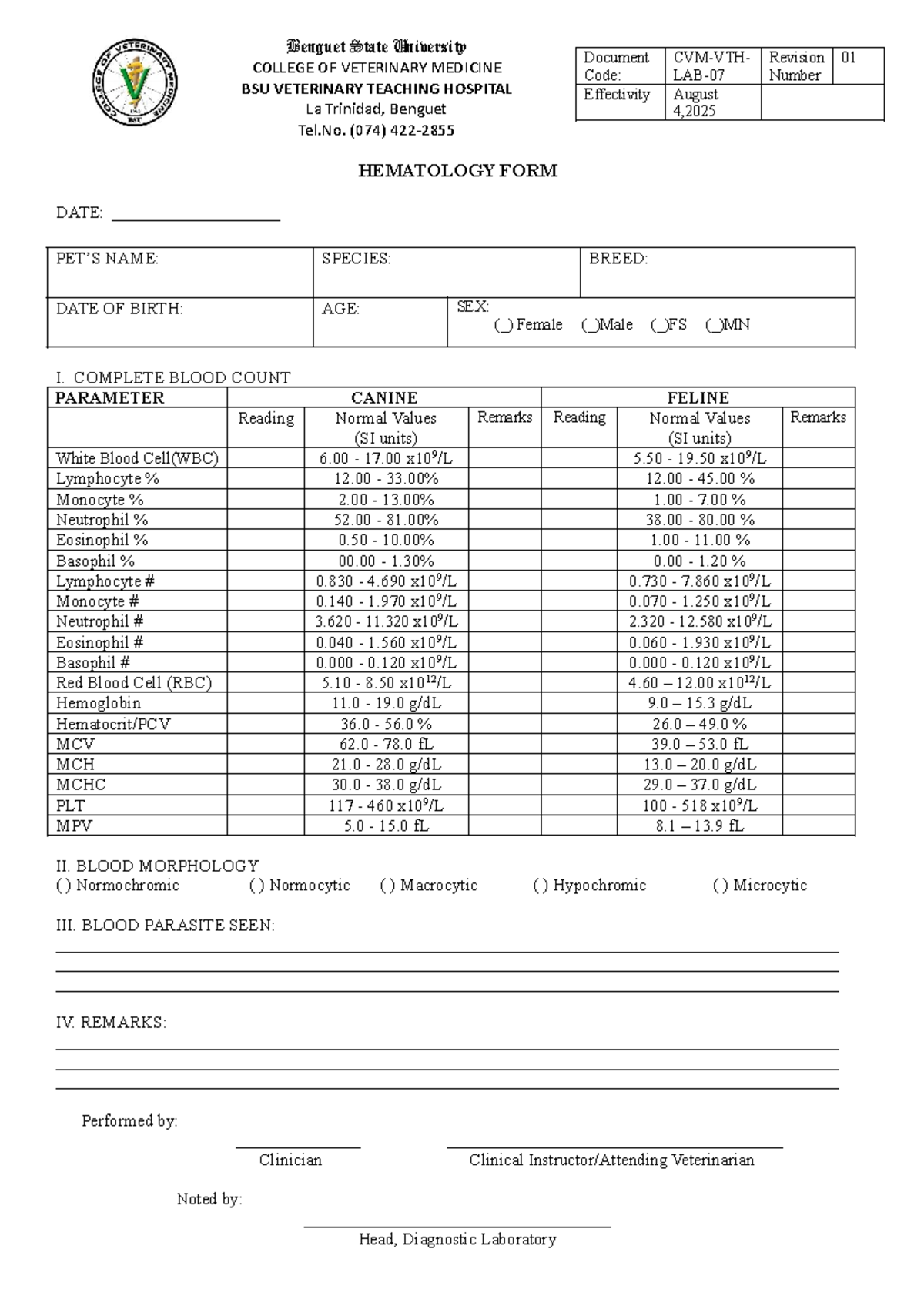 7.VTH LAB FORM 7: Hematology Update for Canine & Feline - Studocu