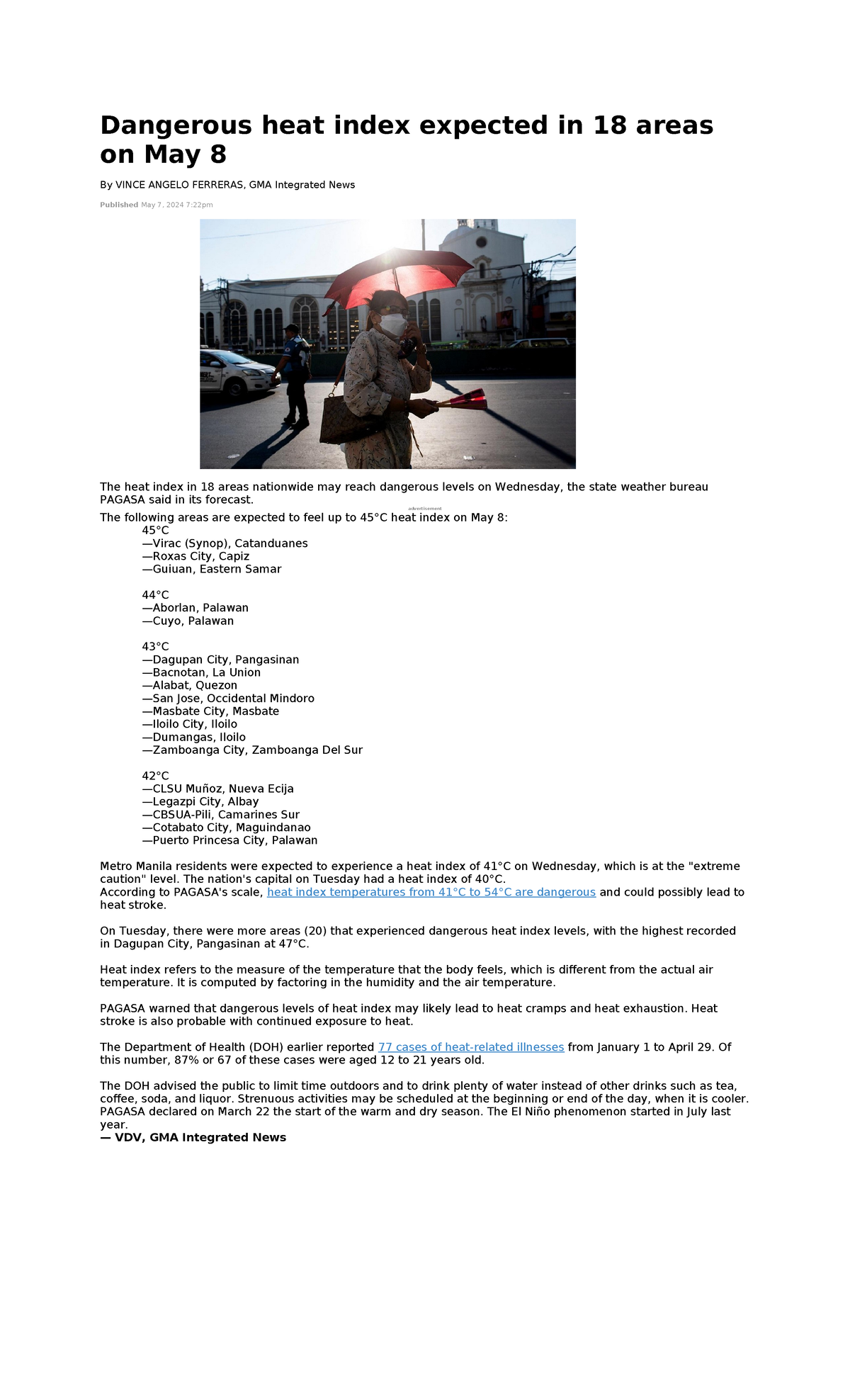 Dangerous heat index expected in 18 areas on May 8 - advertisement The ...