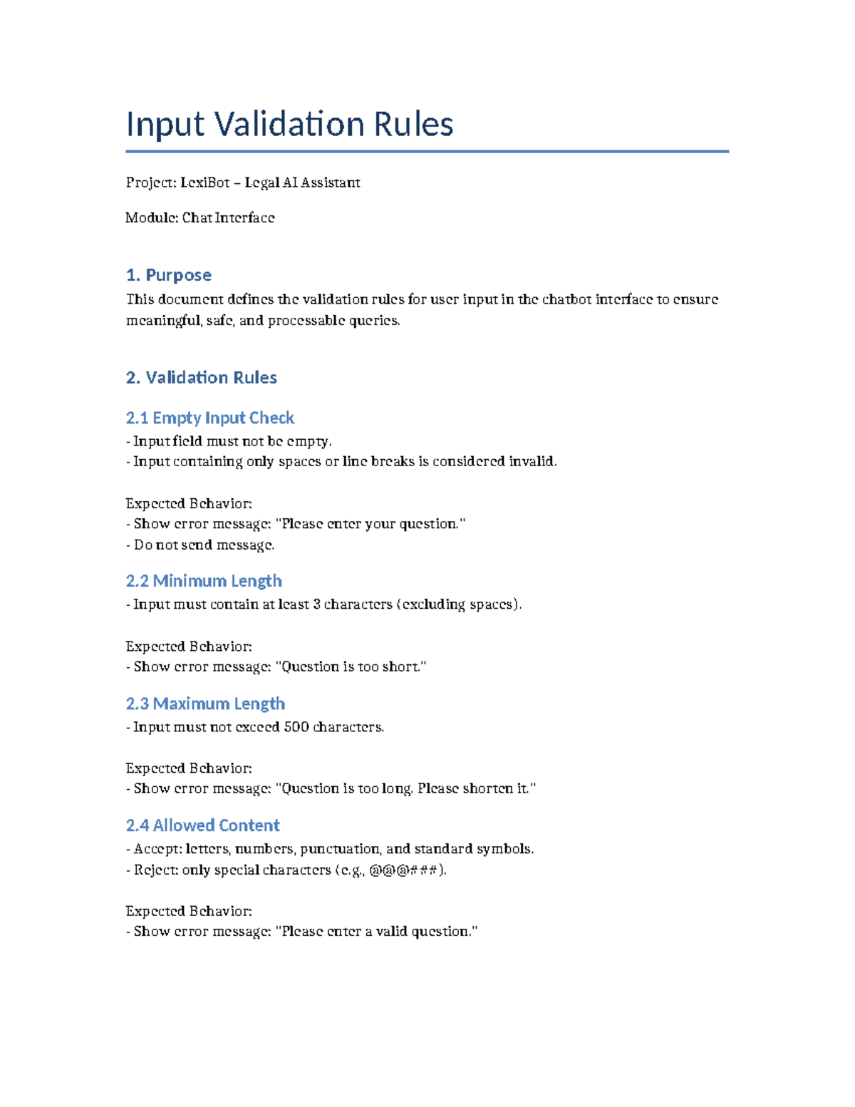 Input Validation Rules for LexiBot Chat Interface Module - Studocu