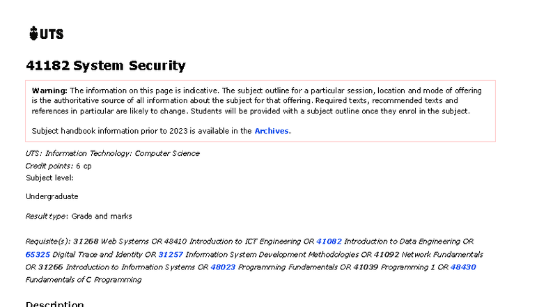 UTS 41182 System Security: Concepts, Strategies, and Techniques - Studocu