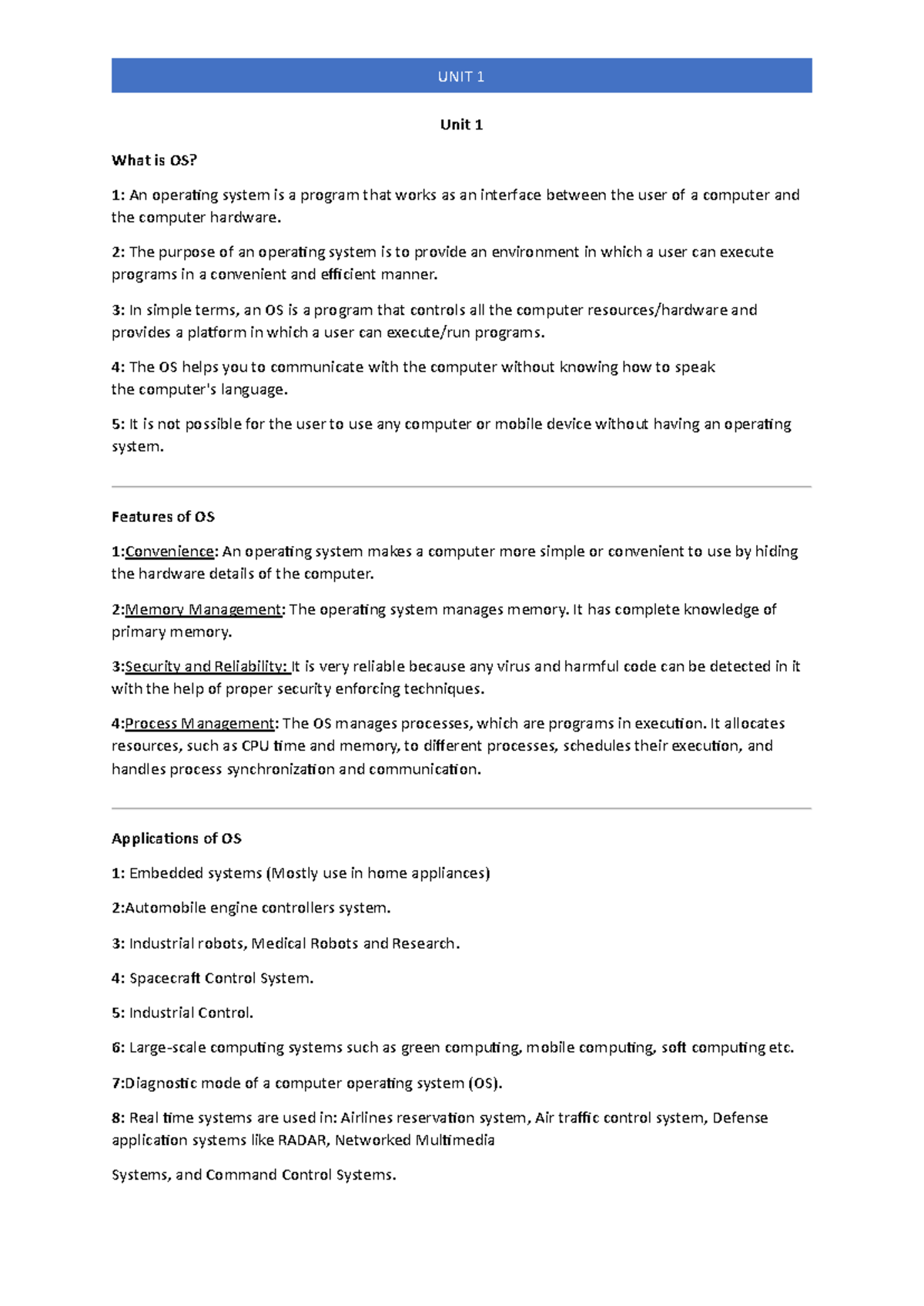 Operating System Notes - Unit 1 What is OS? 1: An operating system is a ...