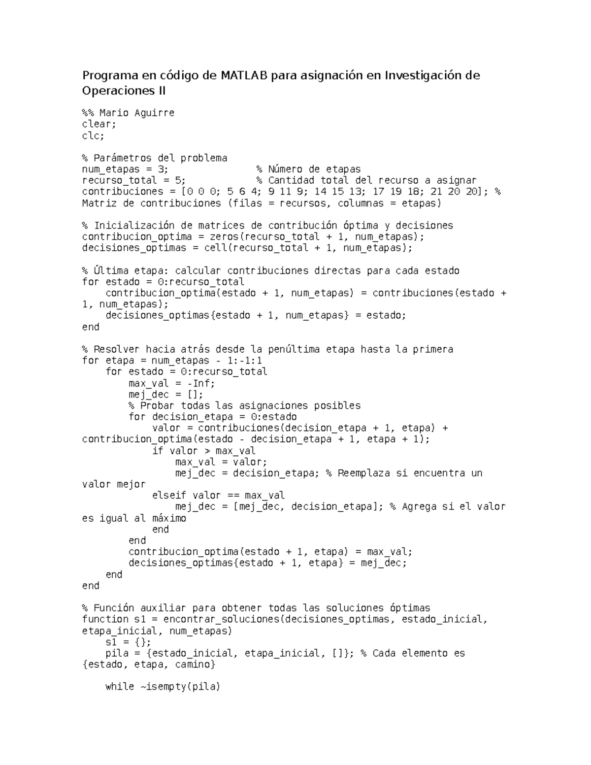 Programa en código de Matlab para asignación en Investigación de ...