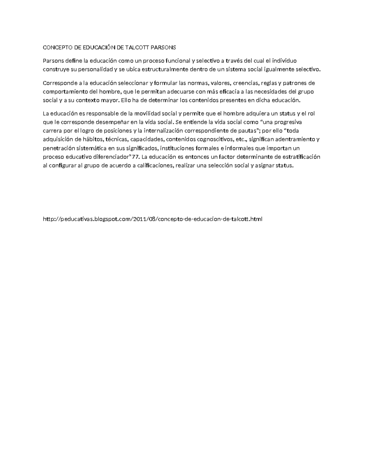 Concepto DE Educación DE Talcott Parsons - CONCEPTO DE EDUCACIÓN DE ...