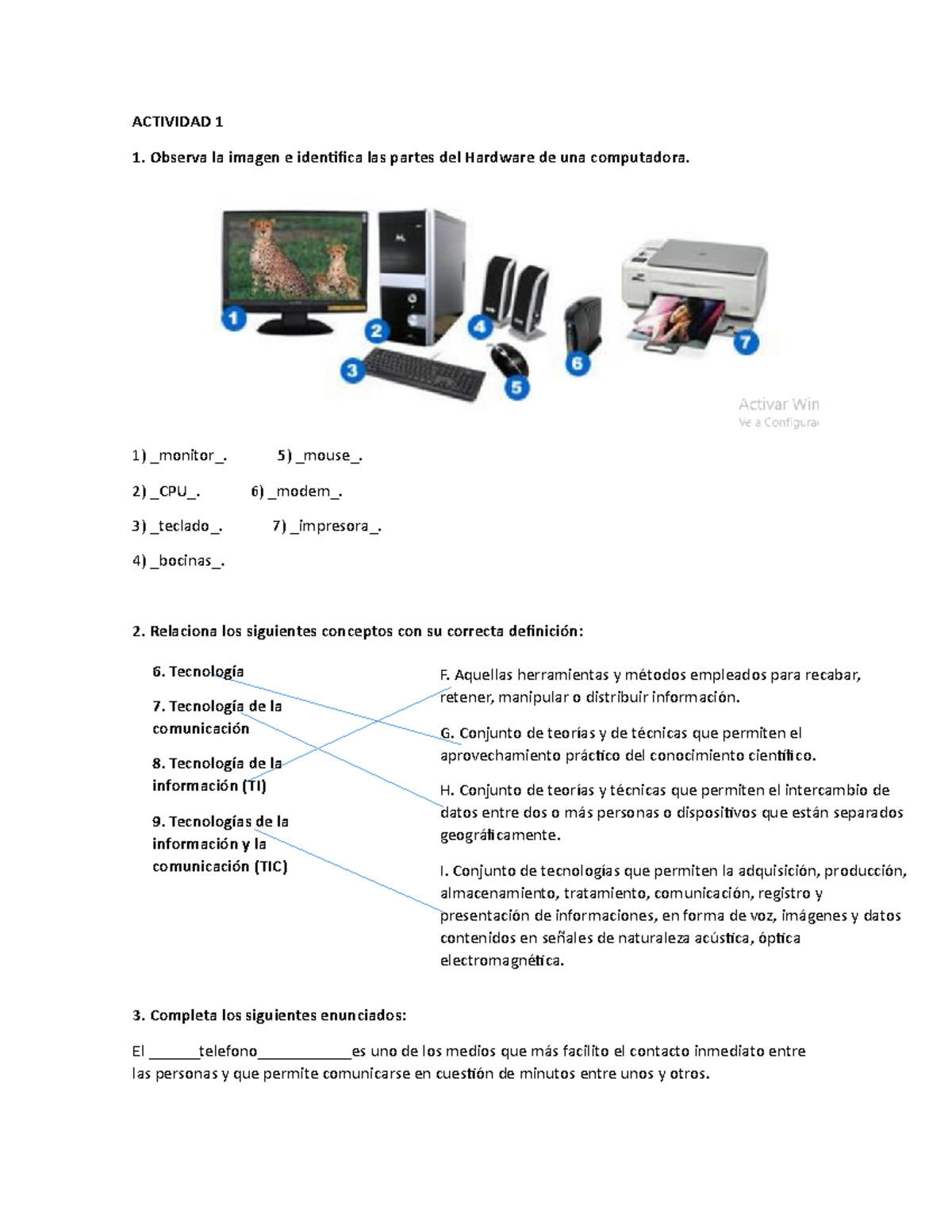 Actividad 1 - Partes del Hardware y Tecnologías de Comunicación - Studocu