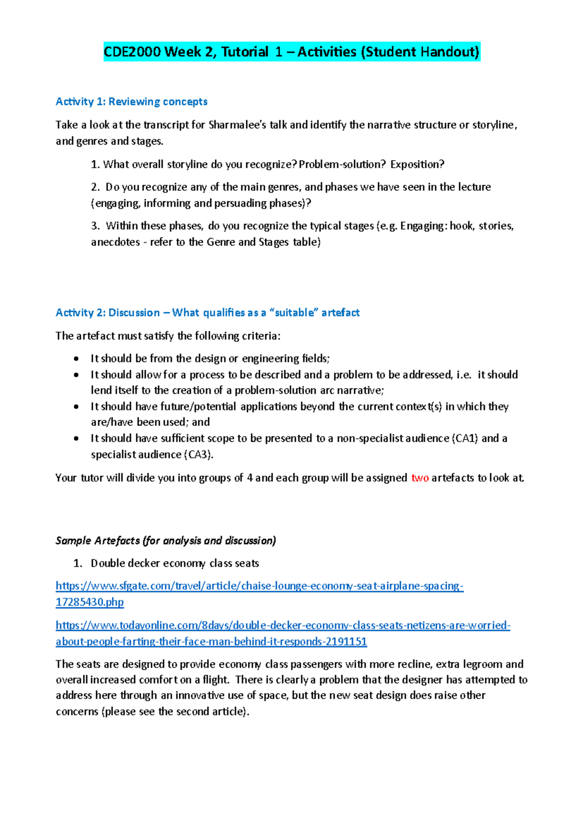 Tutorial 1 - CDE2000 Week 2, Tutorial 1 – Activities (Student Handout ...