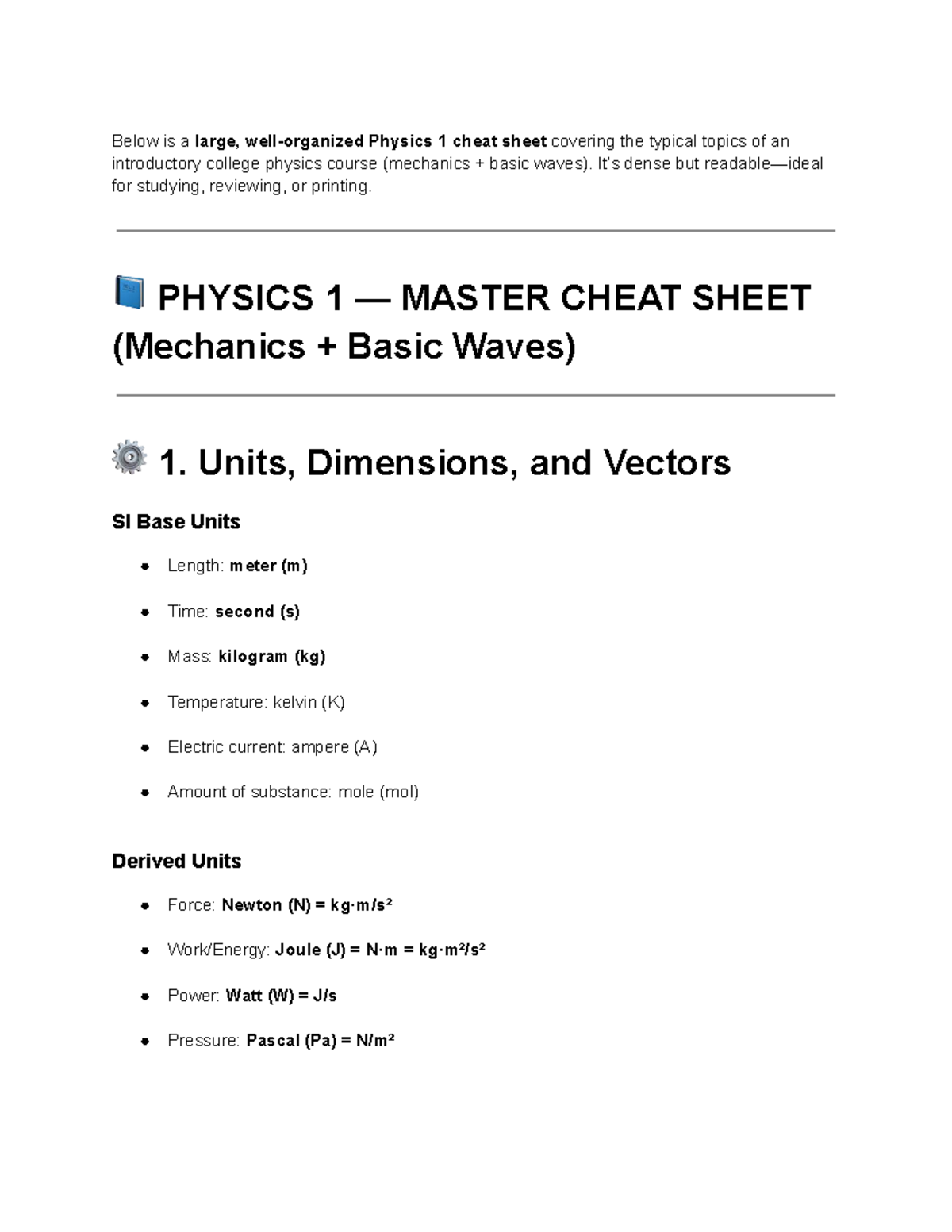 PHYS 1 Final Exam Cheat Sheet: Mechanics & Waves Overview - Studocu