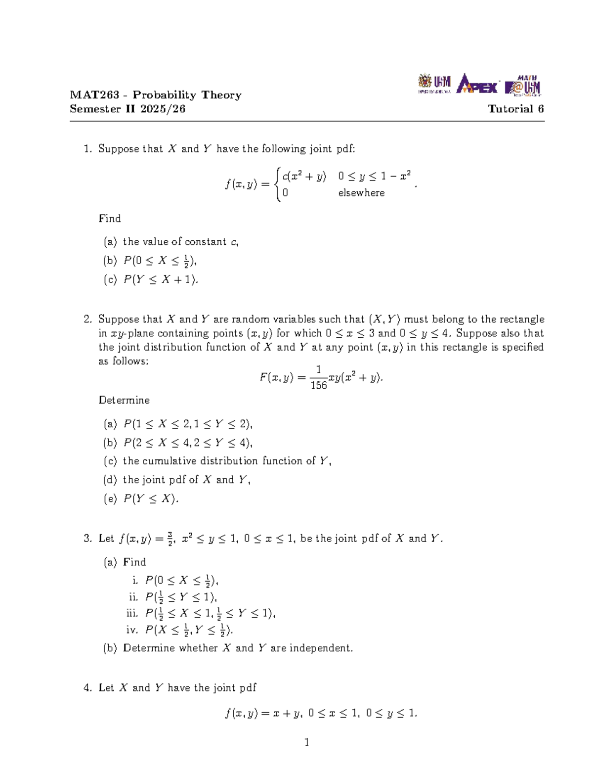 MAT263 Probability Theory Semester II Tutorial 6 Solutions - Studocu