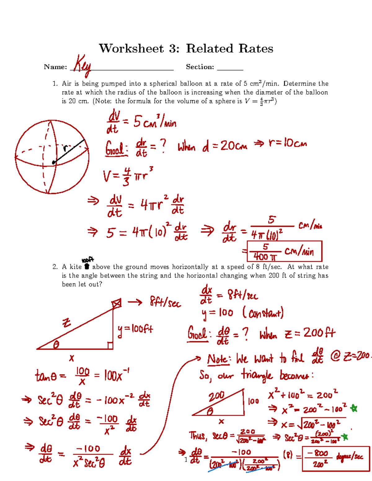 Worksheet 3: Related Rates (Key) - Calculating Rates of Change - Studocu