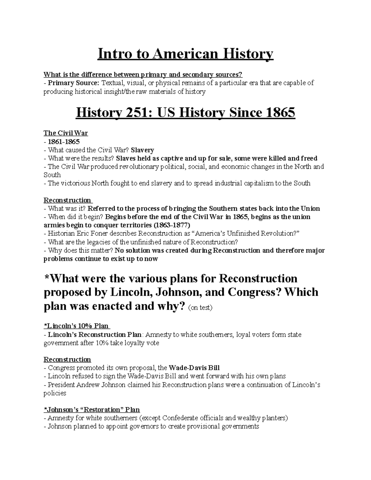 History 251 Final Exam Notes: Key Concepts in US History Since 1865 ...