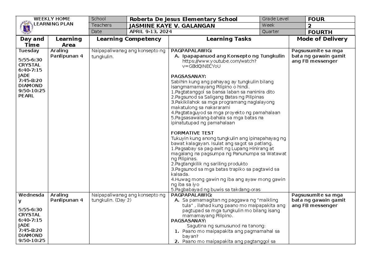AP WHLP Q4 Week 2 - Weekly Home Learning Plan - Studocu