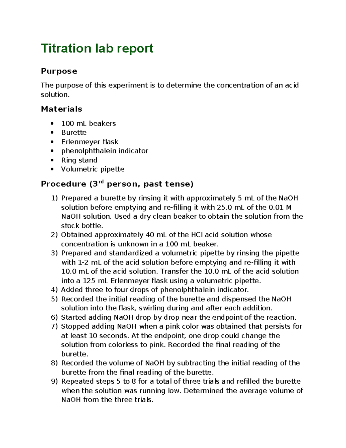 Culminating assignment - Titration lab report - Titration lab report ...