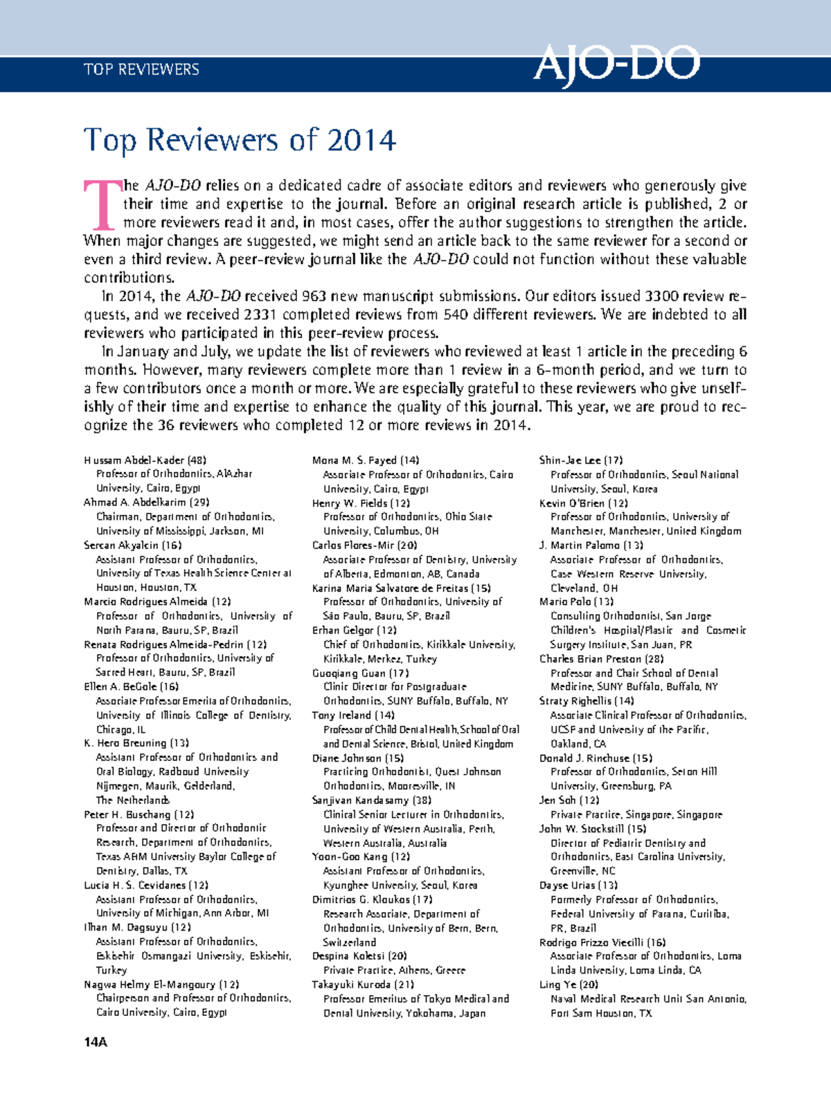 Top Reviewers of 2014 in Orthodontics: Acknowledging Contributions ...