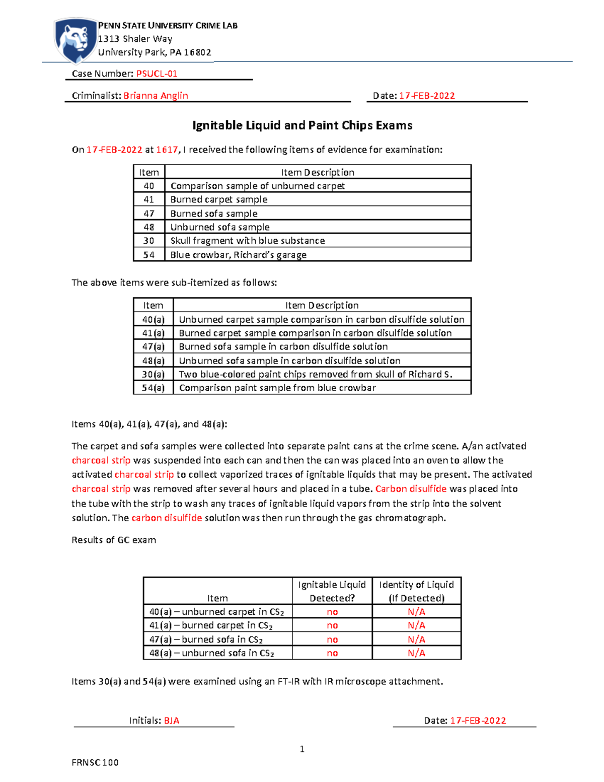 FRNSC 100 Case Study: Ignitable Liquids & Paint Chips Analysis - Studocu