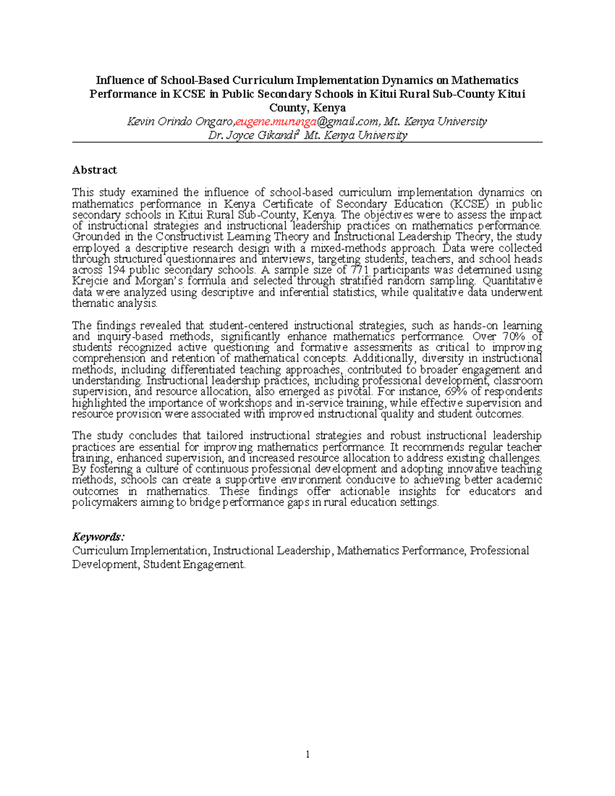 Influence of Curriculum Dynamics on KCSE Math Performance in Kitui ...