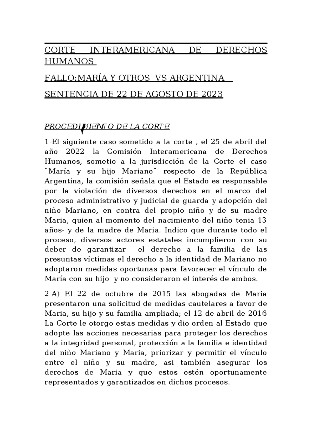 Fallo Judicial: María y Otros vs Argentina - Corte IDH 22/08/2023 - Studocu