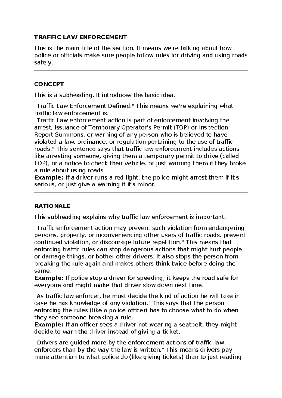 Traffic Law Enforcement Overview: Key Concepts and Actions - Studocu