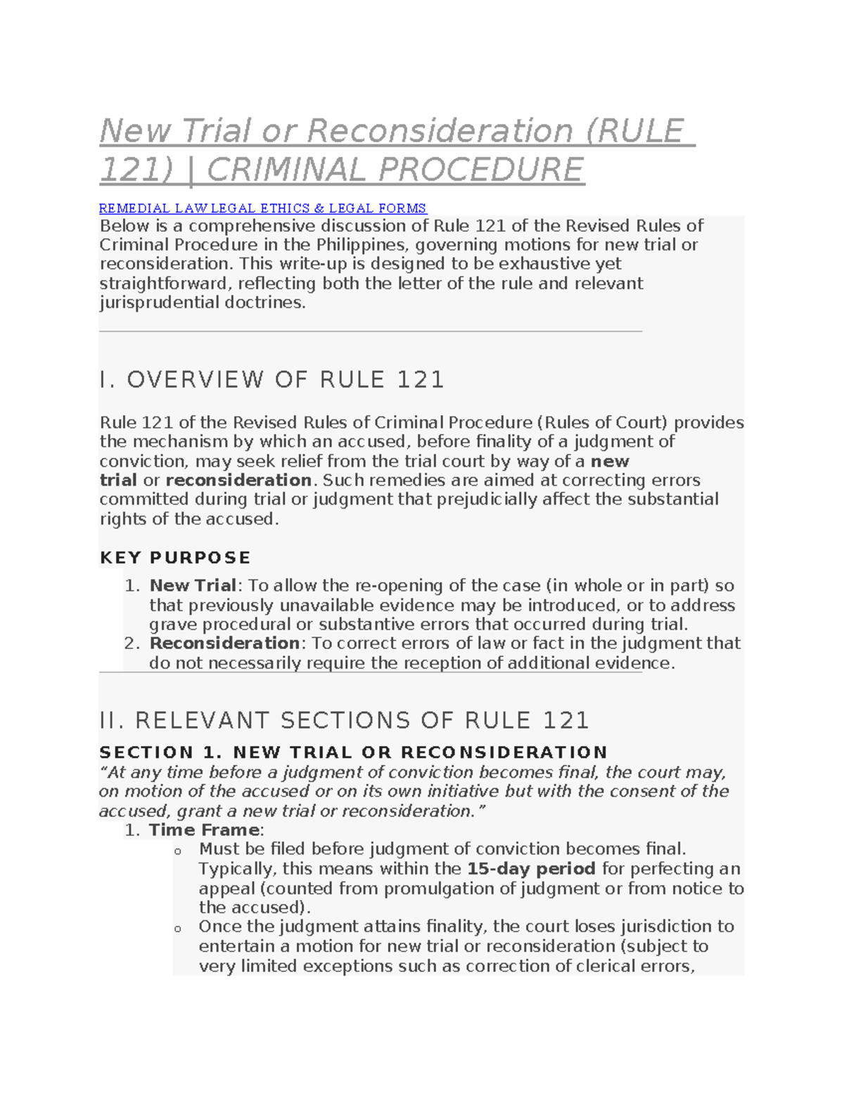 Rule 121: New Trial & Reconsideration in Criminal Procedure - Studocu