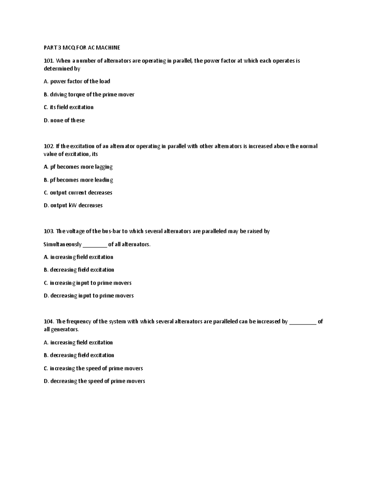 PART 3 MCQ FOR AC MACHINE 101 - 155 - Studocu