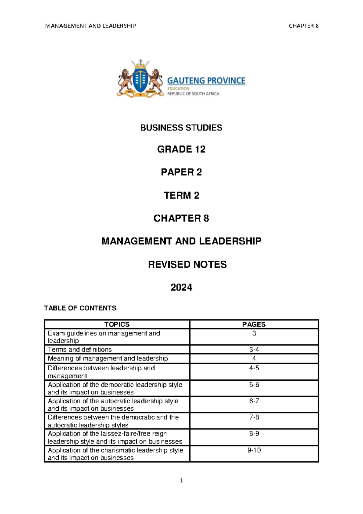 Revised Notes on Management and Leadership - Business Studies G12 Term ...