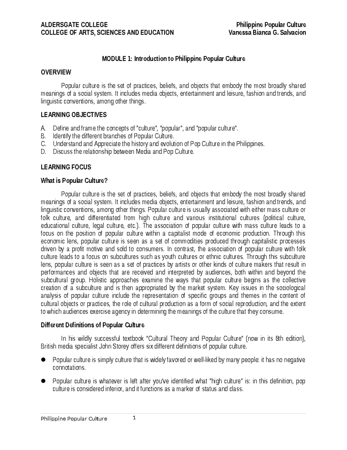 ALDERSGATE COLLEGE MODULE 1: Intro to Philippine Popular Culture - Studocu