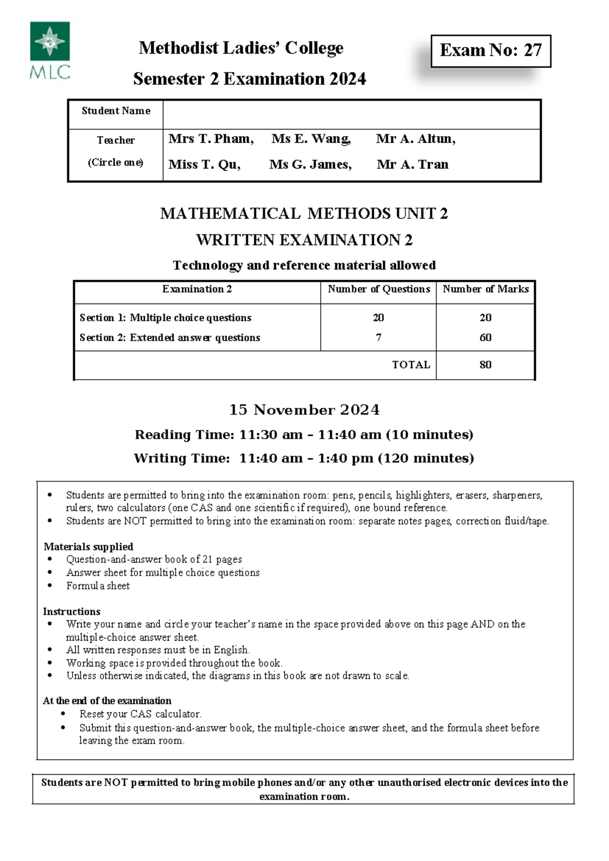 Mathematical Methods Unit 2 Exam 2 - Final 2024 Instructions ...
