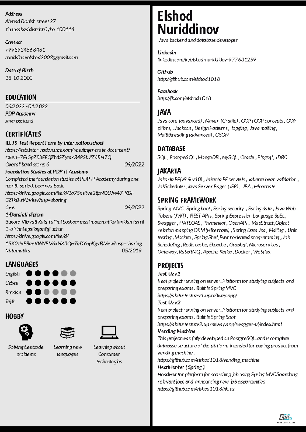 Elshod Nuriddinov CV - Java Backend Developer - 1212 - Studocu