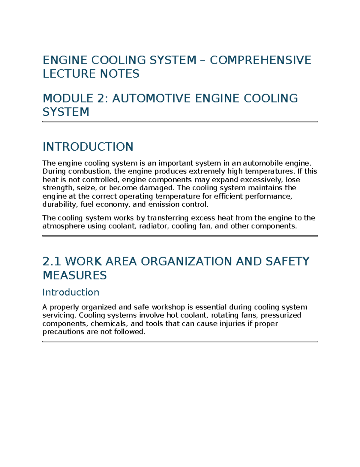 ENG 101: Engine Cooling System Comprehensive Lecture Notes - Studocu